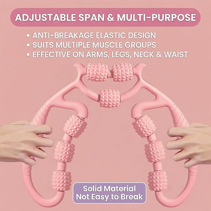 Full Body Massage Tool with 9 Rollers, Pink Manual Massager for Neck, Shoulder, Back, Arms, Legs, 25cm Length, Double Massage Area Design