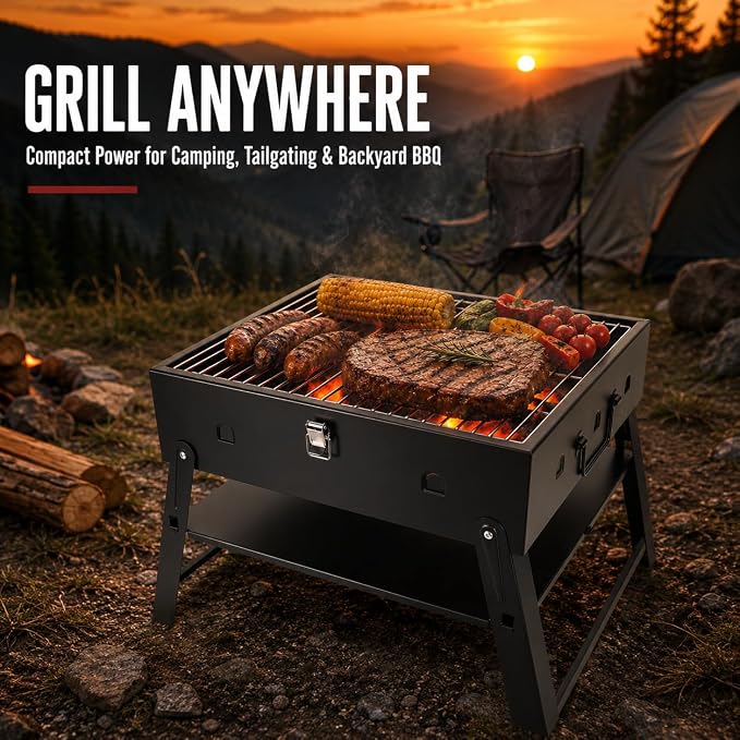 Portable BBQ Charcoal Camping Grill: Tabletop Folding Barbecue Grills | with Stainless Steel BBQ Grilling Tool Set, Fathers Day Birthday Grilling Gift for Men Dad Husband