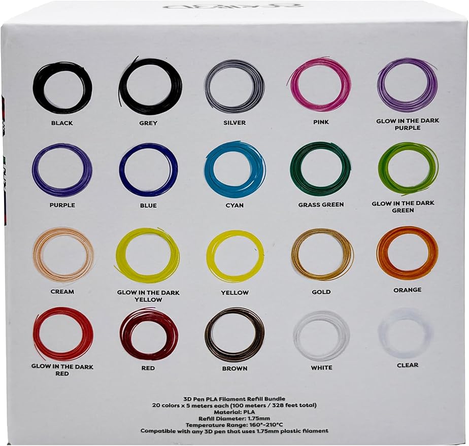 SCRIB3D Pen Filament Refills, 20 Colors, 320 Feet, 1.75mm PLA, Works with SCRIB3D, PIKA3D, MYNT3D and Most Other 3D Printing Pens