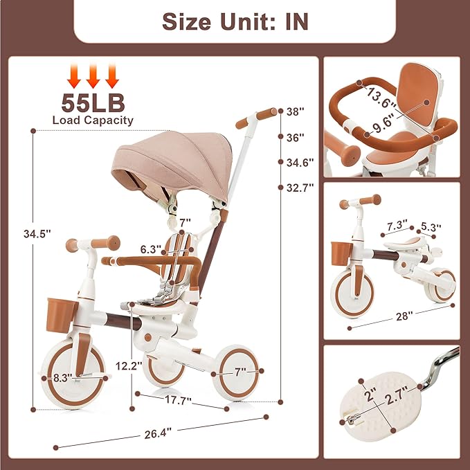 Kids Tricycle with Adjustable Pedals, Removable Canopy & Cup Holder Safe, Portable Toddler Bike