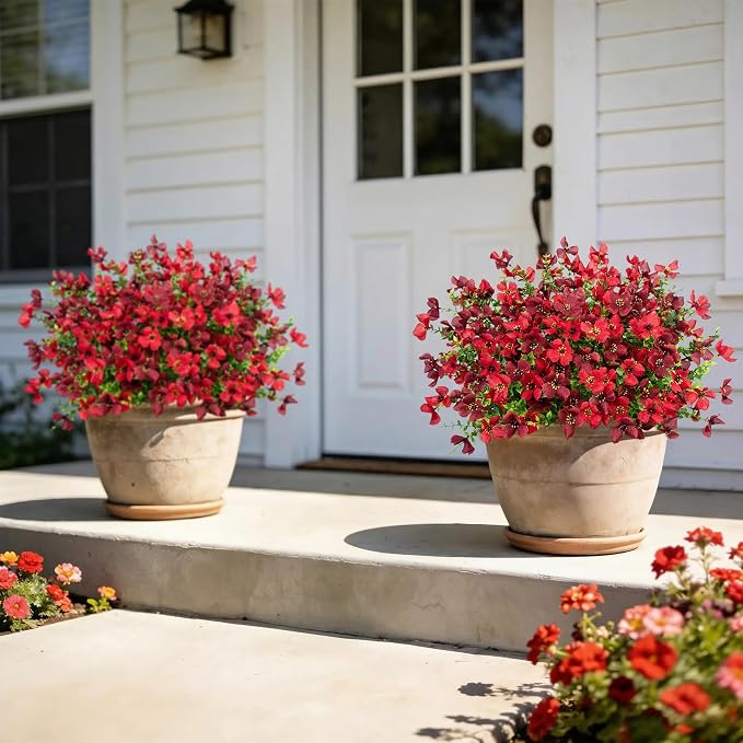 16 Pcs Artificial Flowers for Outdoors Decorations, Red Mixed | Realistic, silk flowers, faux plastic plants, UV resistant, for summer garden porch window vase indoor outdoor home decor