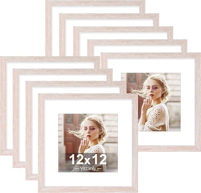 Vittanly 12x12 Picture Frames Set of 9 for Wall Mounting, Rustic Pink | Display Pictures 8x8 with Mat or 12x12 without Mat for Wall Mounting, Square Photo Frames for Home Decor, Engineered Wood