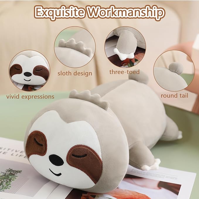 SQEQE Weighted Sloth Plush, Weighted Sloth Stuffed Animal, Cute Sloth Plushies Sloth Pillow Toy Gift for Kids Adults Brown 9.8 Inch, 0.8 Lbs
