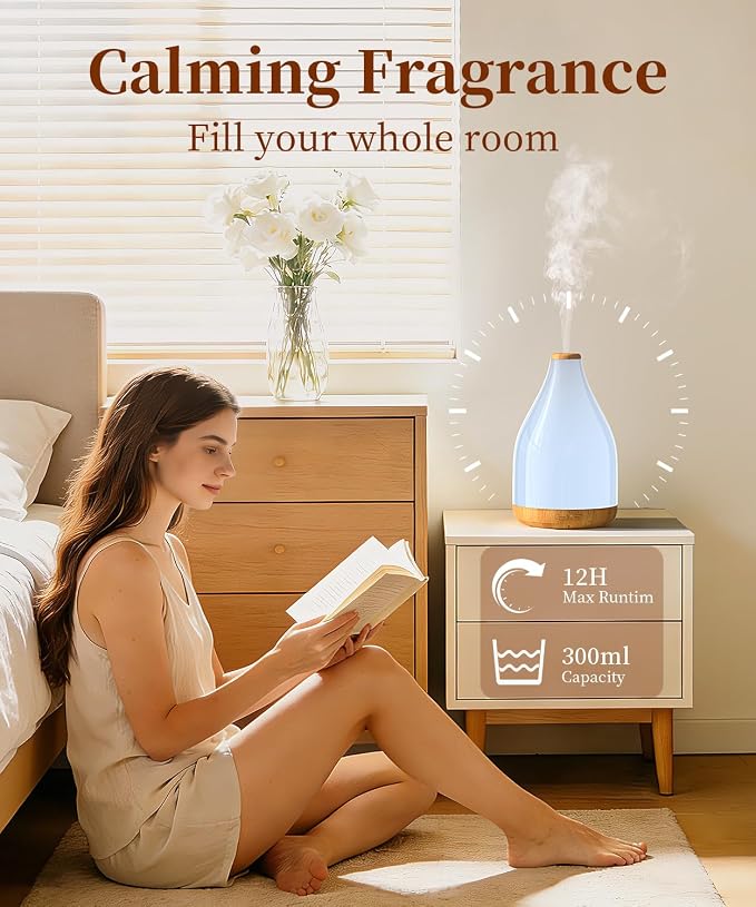 Large Essential Oil Diffuser for Home, Drop-Shape Aroma Diffusers 300ML for Aromatherapy, Air Scent Fresh, Ultrasonic Cool Mist Humidifier & LED Light, 1-3-6H Timer Auto Shut-Off, Brown