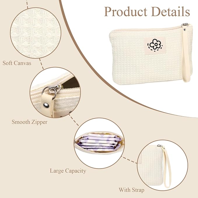 Waffle Canvas Period Pouch First Period Kit Bag Small Discreet Menstrual Cup Pad Pouch Cute Sanitary Napkin Storage Bag Tampon Holder Multi-purpose Feminine Bag Beige