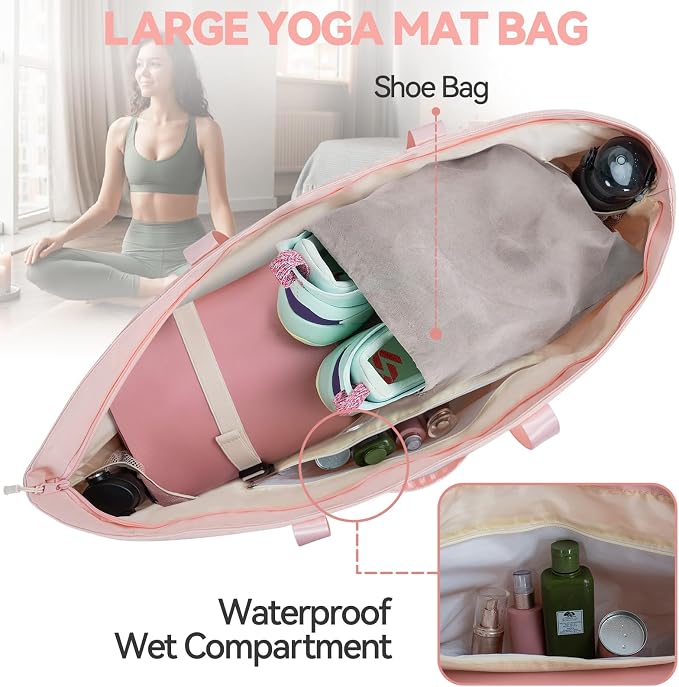 Large Yoga Mat Tote Bag for Women with Holder Strap,Pilates Gym Tote Bag with Shoes Bag & Wet Pocket