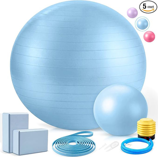 Pilates Set with 2 Yoga Exercise Balls (25.6”&9.8”), Yoga Block, Stretch Strap & Foot Pump, Stability Fitness Ball Kit for Home Gym Equipment Workout Pregnancy Physical Therapy