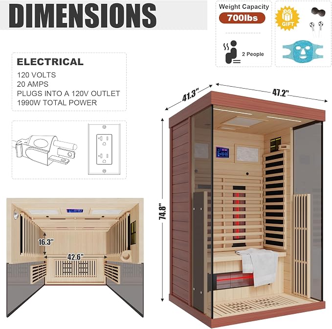 MEISSALIVVE Full Spectrum Infrared Sauna，1-2 Person Home Sauna，Red Cedar Indoor Sauna with Resonance Speaker, Panoramic Tempered Glass Door