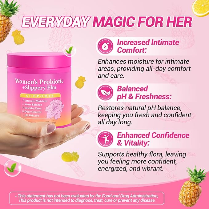 Her Juicy Feminine Probiotics Gummies | Womens Probiotic Slippery Elm, Probiotics for Women | Healthy Odor, pH Balance, Vaginal Health & Flora Support - 60 Pineapple Gummies