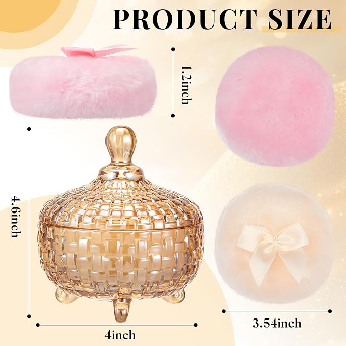 Tioncy 3 Pcs Large Body Powder Puff and Container Valentine's Day gift Powder Container with Puff Crystal Case Soft Washable Reusable Velour Face Body Glitter Wet Dry Makeup(Weave Design,Amber)