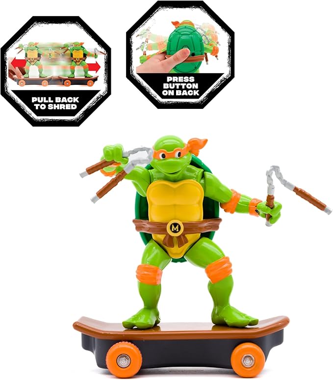 Teenage Mutant Ninja Turtles Sewer Shredders Classic Michelangelo – 5” Pull-Back Skate Toy on Wheels with Battle Action – Easter Birthday Gift for Boys Ages 3-8 – Collect All 4