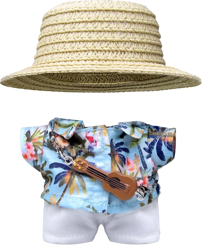 Clothes for 6.7in/17cm Doll, 4-Piece Set Summer Vacation Style Outfit for 6.7in/17cm Dolls, Doll Clothes Set，Includes Hat, Short-Sleeve Shirt, Pants and Miniature Guitar (SV-02)