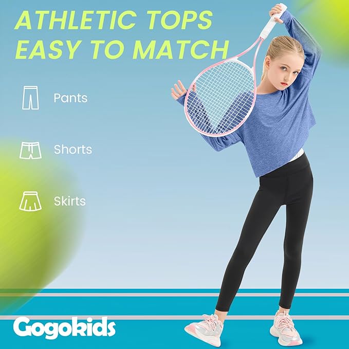 Gogokids Girls Shirts Long Sleeve Athletic Shirts Open Back Tops Active Sports Tshirts Yoga Workout Crop Tees 5-14 Years