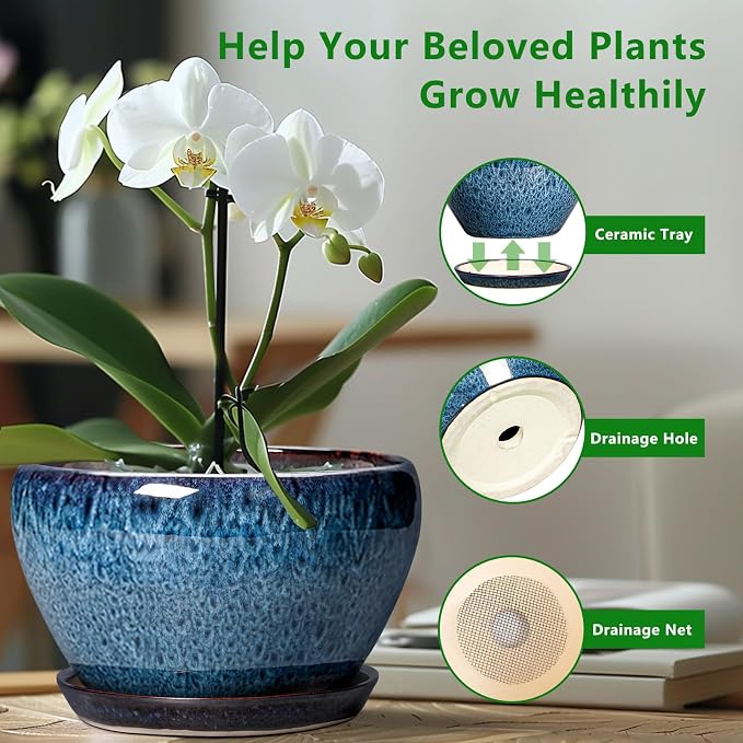 Ceramicfor Ceramic Pots for Plants - 9 Inch Plant Pot Indoor with Drainage Hole and Saucer, Ceramic Planters for Outdoor Plants, Round Modern Flower Pot, Housewarming Gifts, Home Decor, Blue