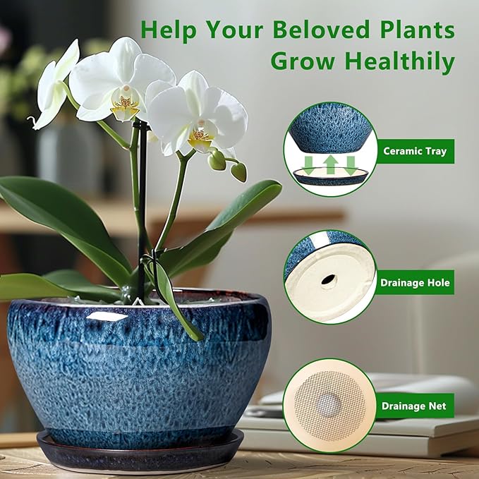Ceramicfor Ceramic Planter 11 Inch - Ceramic Pots for Plants Indoor Outdoor, Large Plant Pot with Drainage Hole and Saucer, Decorative Round Planter, Plant Lover Gifts, Garden Decor, Blue