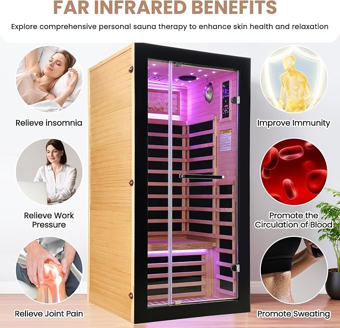 OUTEXER One Person Sauna Far Infrared Saunas Room Canadian Hemlock 1450W Dry Saunas Spa with 7 Starry Sky Light 35.4 * 35.4 * 70.8inch