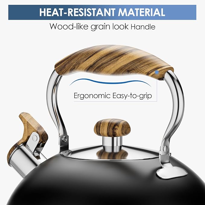 2.6 Quart Whistling Tea Kettle for Stovetop, Black | Food Grade Stainless Steel with Cool Wood Pattern Handle, Induction Compatible
