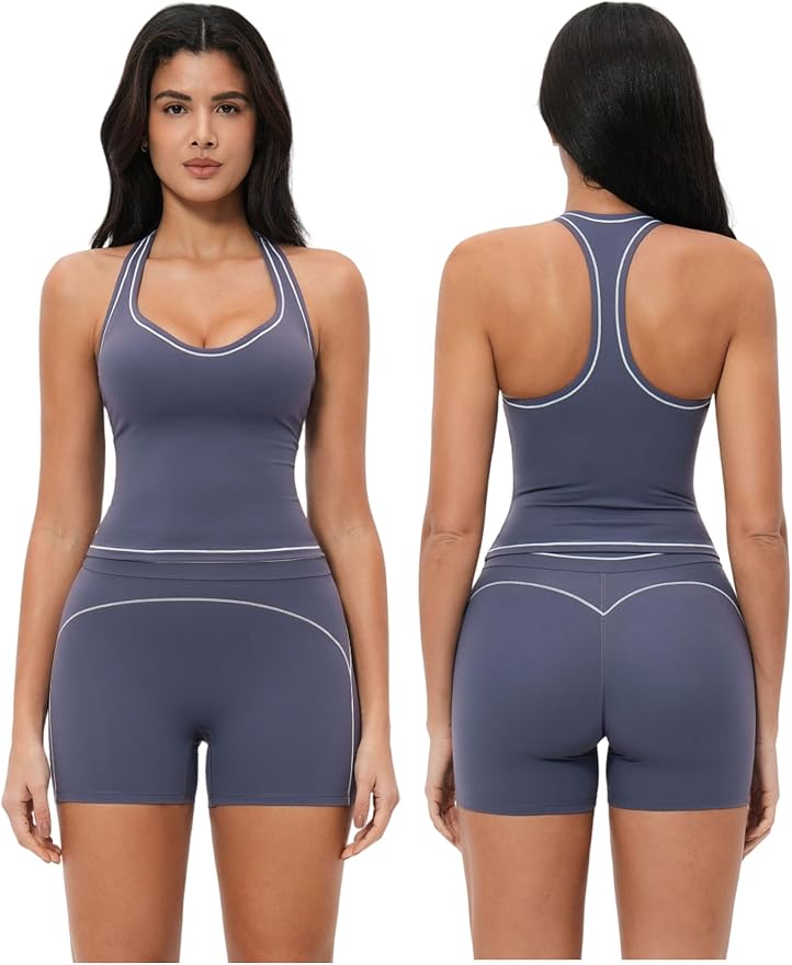 QBGJTD Two Piece Workout Sets for Women Color Block Racerback Tank Tops and High Waist Shorts Gym Yoga Outfits