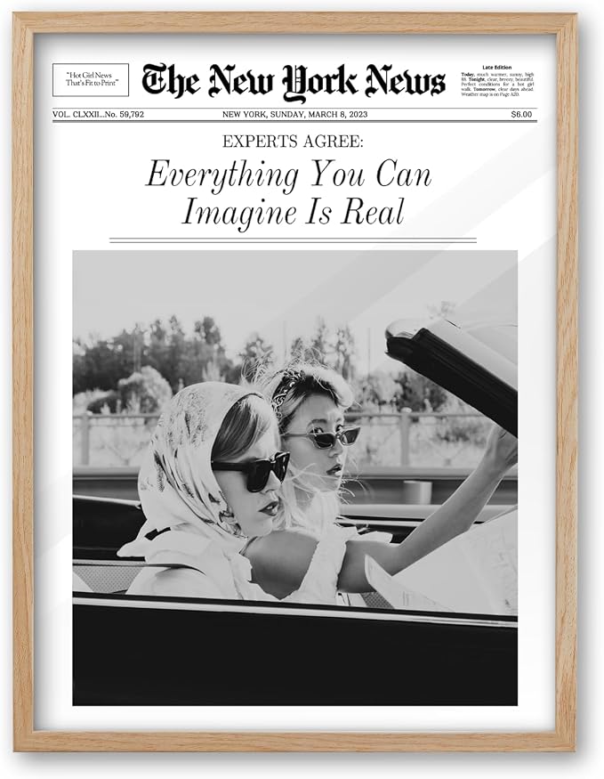 iHery 12x16in Everything You Can Imagine Is Real Framed Newspaper Art | Natural OAK Wood Frame with Canvas Print, Vintage Girls Decor for Bedroom, Living Room, Dorm and Gallery Wall, 1Pack