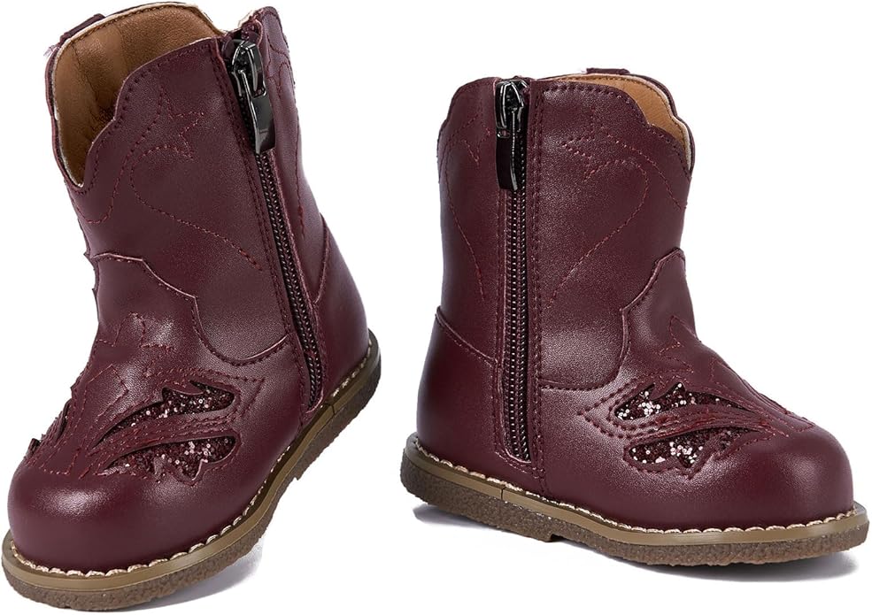Newsonet Baby Cowboy Cowgirl Boots Infant Western Boots Toddler Boys Girls Round Toe Riding Mid Calf Boots All Seasons for 6 9 12 18 24 Months