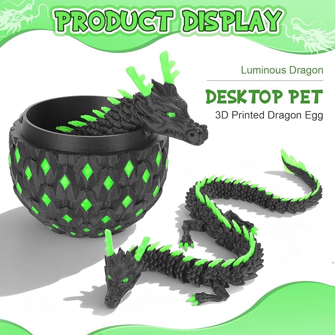 12-inch 3D Printed Dragon Eggs, Glow in The Dark Fidget Toys for Kids & Adults, for Home Office Desk Decor (Pink + Green, Pcs, 2)