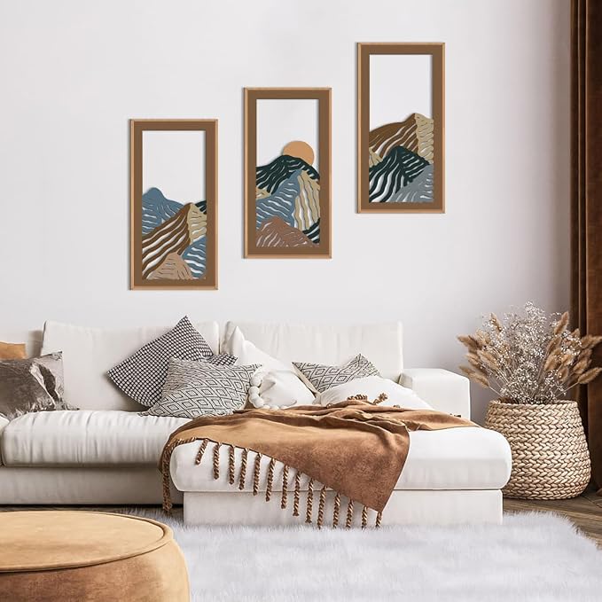 IARTTOP Abstract Mountain Wood Framed Wall Art 8x16 Inch Set of 3 Textured Minimalist Landscape Wooden Wall Decor Modern Colorful Line Artwork for Living room Bedroom Office