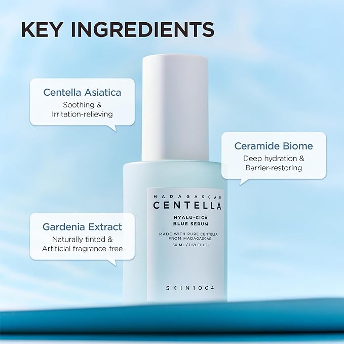 SKIN1004 Hyalu-Cica Blue Serum 1.69fl.oz, 50ml, Hydrating Face Serum with 5 Hyaluronic Acids & Madagascar Centella Asiatica, Korean Facial Ampoule for Deep & Long-lasging Moisture, Korean Skin Care