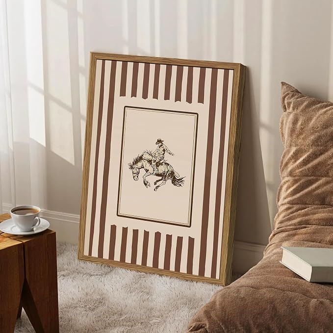 Vintage Western Cowboy Wall Art Retro Striped Cowboy Rodeo Wall Decor Paintings, Southwestern Country Horse Poster Canvas Prints for Bedroom Farmhouse Living Room 12x16 inch Framed