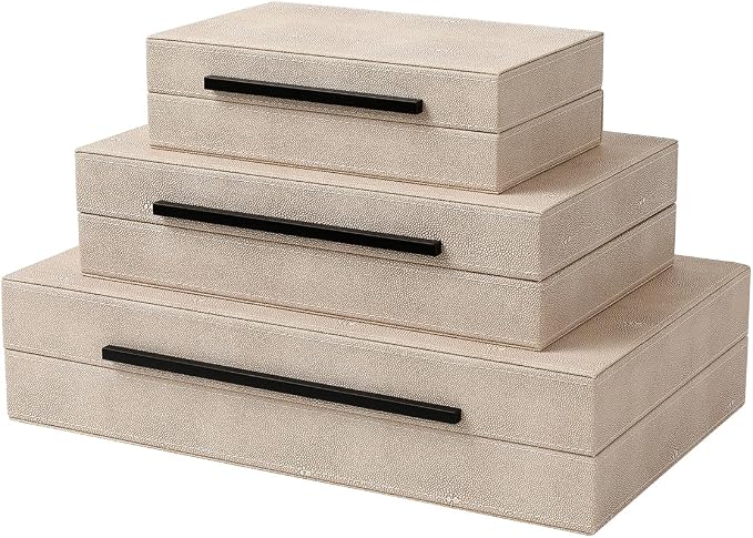 Decorative Boxes with Lids, Set of 3 Faux Leather Decorative Box, Large Modern Decorative Boxes with Lids for Home Decor, Photo Boxes, Organizer Box (Ivory)