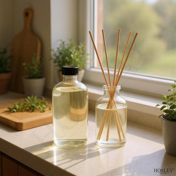 Hosley Set of 4 Vanilla Almond Reed Diffuser Refill Oil, 200ml Each - Ideal for Bathroom Decor, Enhance Home Decor, Perfect for Room Decor, Includes Oil Bottle and Reed Sticks