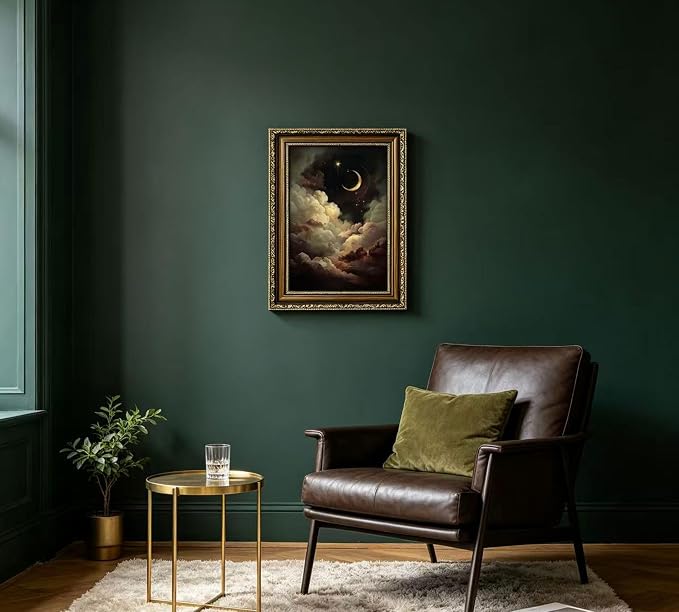 Vintage Gold Framed Crescent Moon Cloud Wall Art, Dark Academia Celestial Starry Sky Oil Painting Print, Antique Ornate Mystical Night Sky Wall Decor, Gothic Cottagecore Home Decor, 12x16in