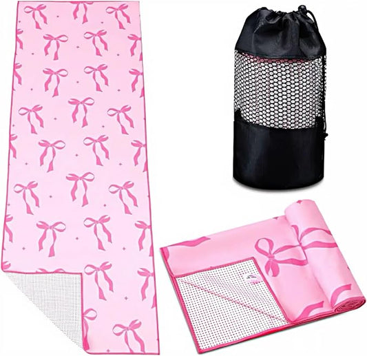 Breling Pink Bow Yoga Mat Towel with Grip Dot Preppy Coquette Bow Non Slip Ultra Absorbent Soft Microfiber Towel Without Hot Yoga Mat 72 x 24 Inch for Pilates Fitness Gym Women Birthday Gifts