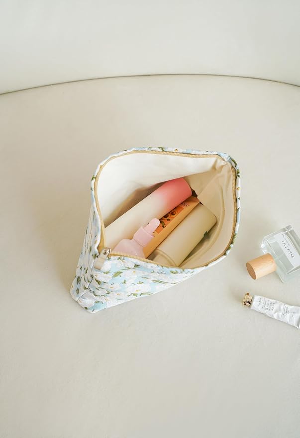 The Summer Swan Large Aesthetic Makeup Bag | Floral Makeup Bag | Mid-Day Clutch | Period Kit Bag | Hygiene Bag | Skincare Bag (White Jasmine)