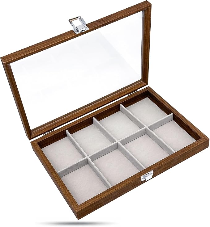 Wooden Travel Jewelry Box w. Tempered Glass Display Lid - Bracelets Storage - 8-Compartments Velvet Organizer (Dark Oak) by The Display Guys