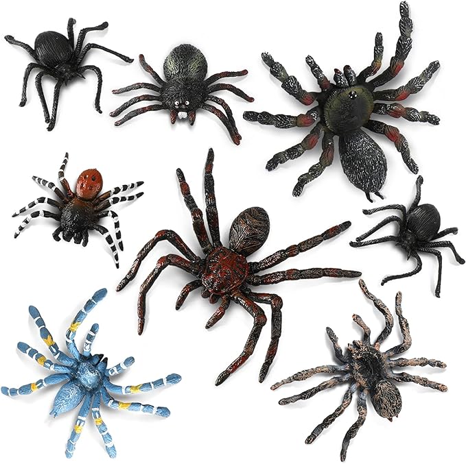 Sumind 8 Pieces Halloween Realistic Fake Spiders Lifelike Plastic Insect Figures Giant Spiders Action Model for Educational Learning Halloween Prank Props Party Decorations Supplies