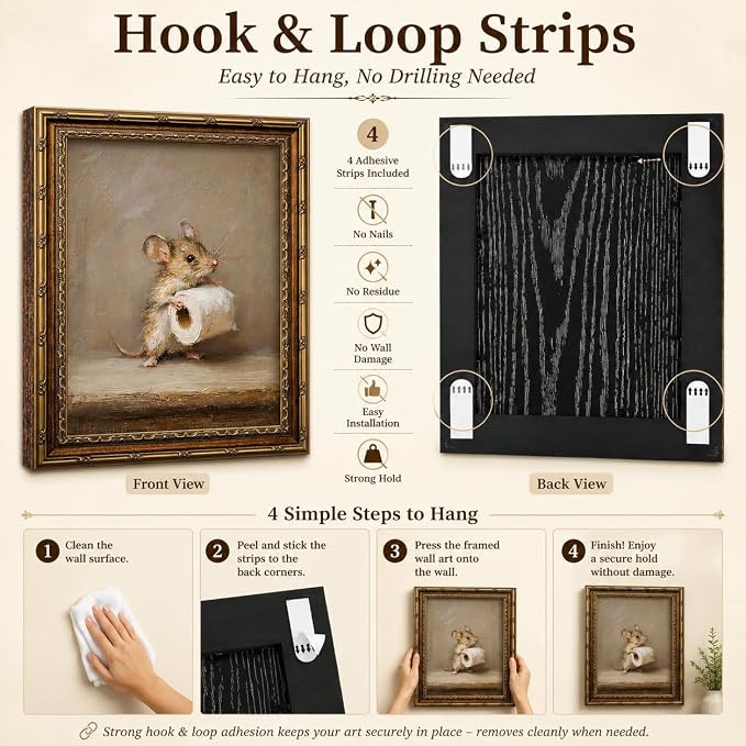 Funny Bathroom Wall Art, Vintage Gold Framed Mouse With Toilet Paper, 12x16 | Funny mouse canvas print, cute animal bathroom decor, rustic farmhouse style, wall art for restroom, washroom, or powder room