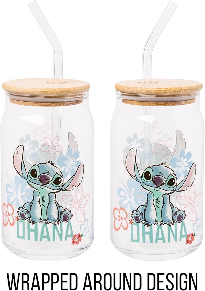 Silver Buffalo Disney Lilo and Stitch Ohana Floral Glass Jar Tumbler with Bamboo Lid and Glass Straw, 16 Ounces (Pack of 12)
