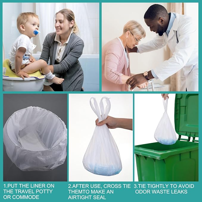 Reallnaive 120 Pcs Travel Potty Bags Liners with Absorbent Pads Disposable Car Potty Portable Training Bags for Seat Bed Pan Liners for Toddler Travel Fit Most Potty Chairs