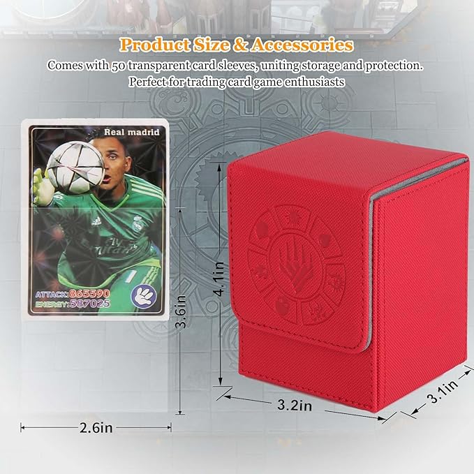 Arkeiliy Card Deck Box, 110+ Storage MTG Deck Box with 50 Pcs Card Sleeve, Collectible Trading Card Cases for Magic Commander and More (Red)