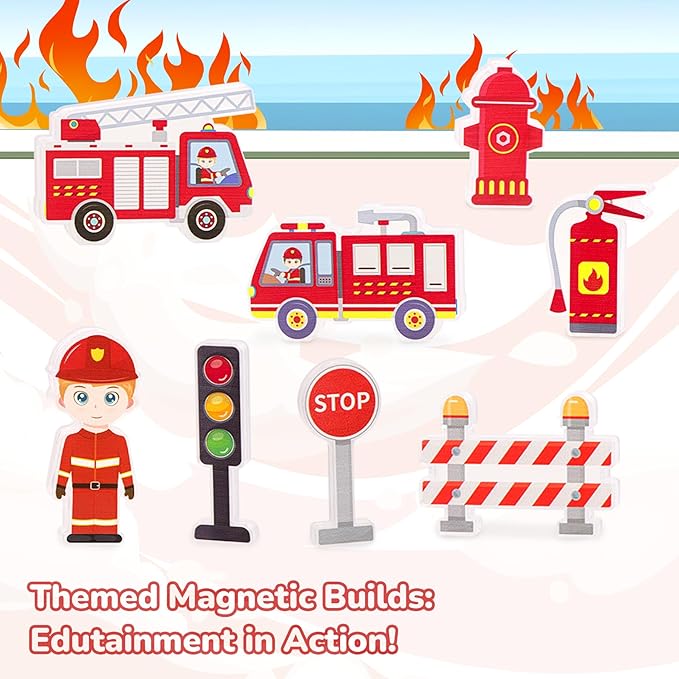 Fire Rescue Magnetic Tiles (48PCS), STEM Building Set with Fire Truck & Firefighter, Preschool Learning Building Set for Ages 3-8, Birthday Gift for Boys & Girls(Extinguisher, Helmet)