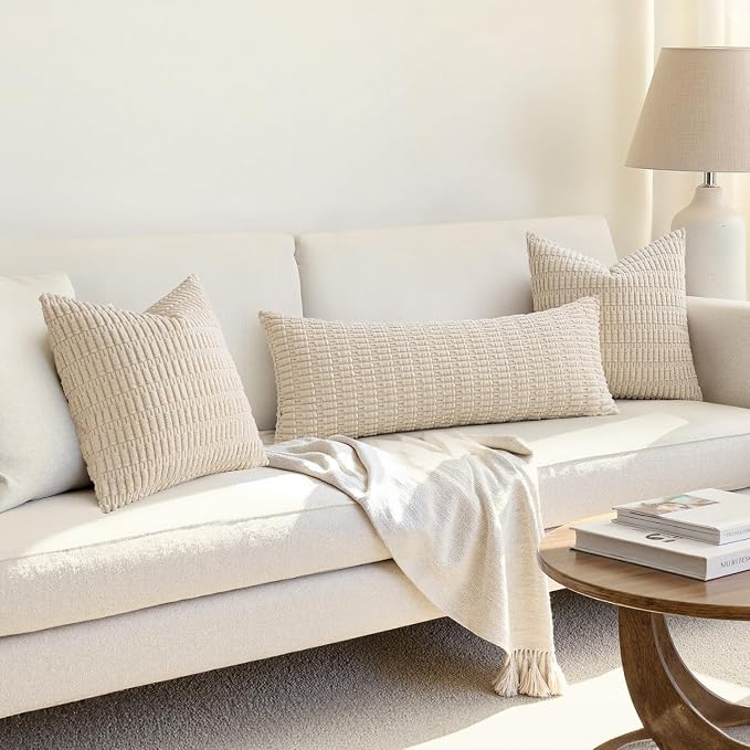 MIULEE Lumbar Corduroy Throw Pillow Cover for Bed 14x36 Cream White | Pack of 1 Soft Long Decorative Cushion Cover Boho Farmhouse Accent Pillowcase Sofa Couch Livingroom Home Decor