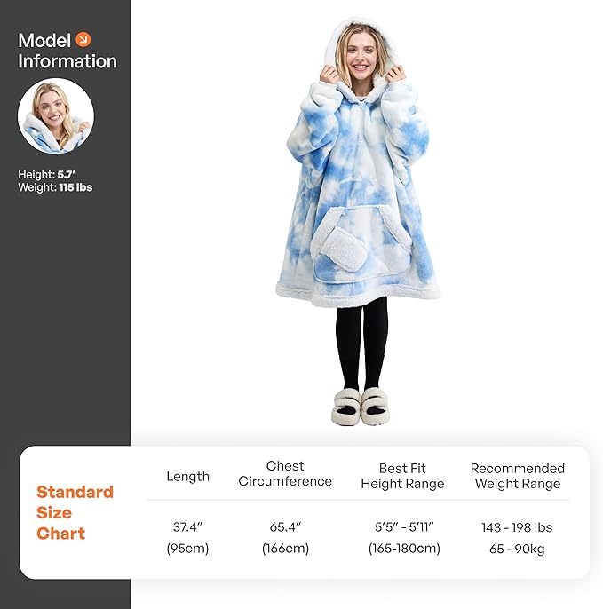 Giggling Getup Wearable Blanket Hoodie for Adults Gifts for Teen Girls Sister Women Sherpa Fleece Printed Hooded Blanket Sweatshirt Warm Cozy with Pocket & Sleeves Light Blue Tie Dye