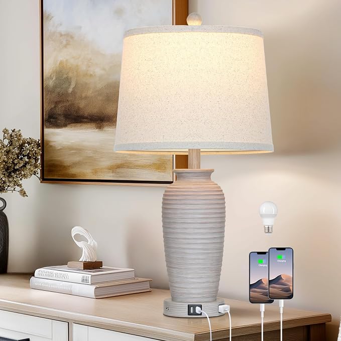 CINSARY 25" Vintage Farmhouse Jar Table Lamps, Single Rustic Bedside Lamp with USB A+C Ports & AC Outlet, Nightstand Lamps for Living Room, Bedroom, End Table, Grey White(LED Bulb Included)
