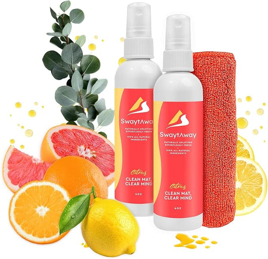 SwaytAway Fitness Mat Mist – 4oz Travel Size Yoga Mat Spray with Towel - (Pack of 2) – Aromatherapy-Inspired Citrus and Eucalyptus Blend – Plant-Based, No Rinse, Refreshes & Deodorizes