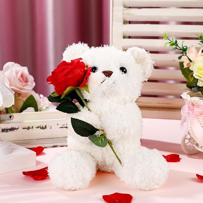 Civaner Bear Stuffed Animal Gift with Rose Funny Cute Bear Stuffed Animal Plush Gift for Mother Girlfriend Birthday Wedding, 11.8 Inches(White)
