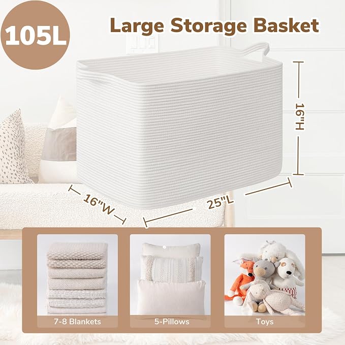 Goodpick 105L Extra Large Woven Rope Blanket Basket, Rectangle, White | 25'' x 16'' x 16'' Storage Basket for Blankets & Clothes, Living Room, Bedroom & Nursery Organization, Reinforced Handles