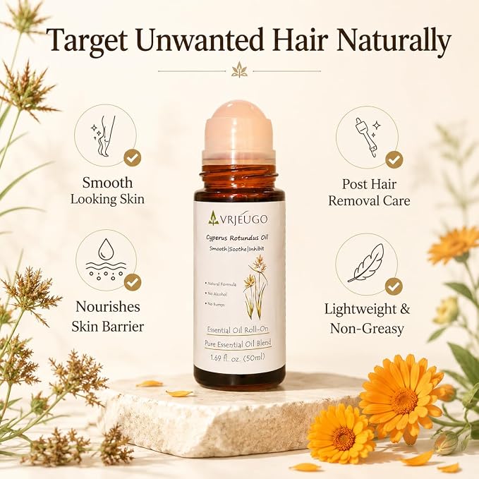 Cyperus Rotundus Oil Roll On for Hair Removal Aftercare, Rose Quartz Roller Botanical After Shave Oil Blend with Argan, Jojoba, Calendula, Lightweight Skin Care for Face & Body, 1.69 Fl Oz