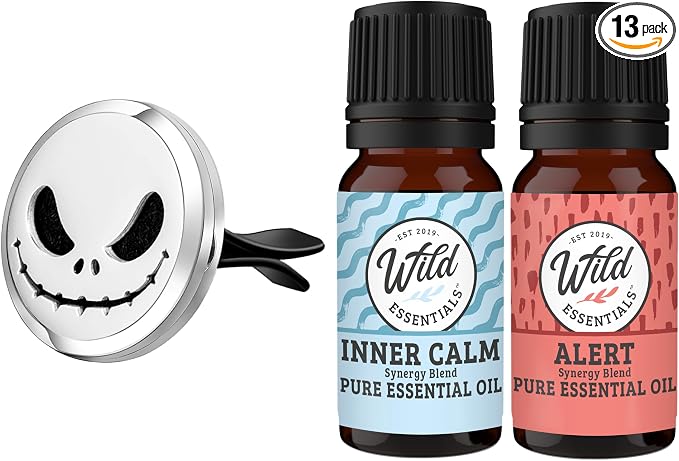 Wild Essentials Jack Skullington Essential Oil Car Vent Diffuser Kit – 316L Stainless Steel Locket, Rubber-Coated 4-Way Clip, 8 Color Pads (22mm), 25mm – Includes Alert & Inner Calm (2 x 10ml)