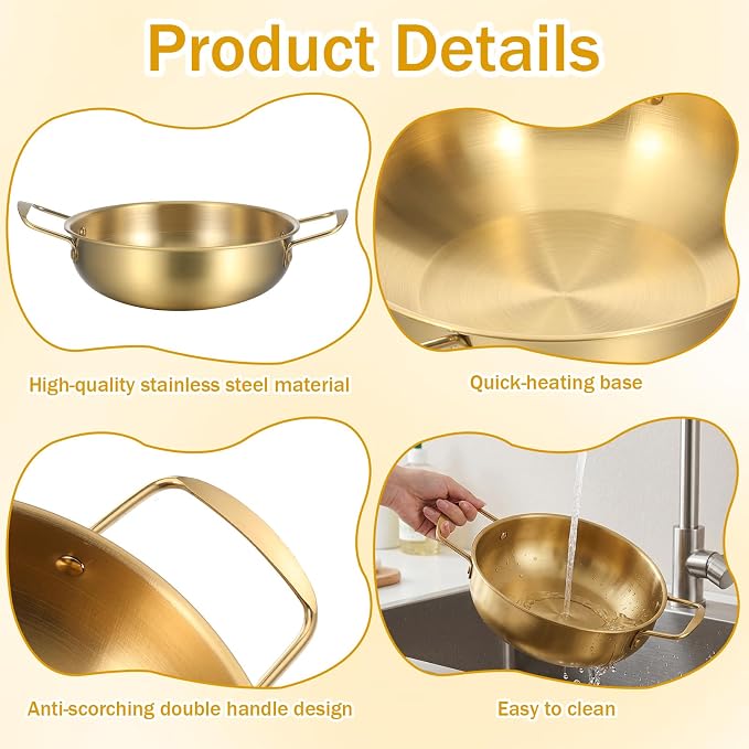 3 Pack Korean Ramen Noodle Pot with Handles, Korean Ramen Pot for Stove, Stainless Steel Everyday Pan, Golden Soup Pots, Golden Koreans Cooking Pots for Soup, Noodle, Pasta, 7.2", 8.4", 9.2"