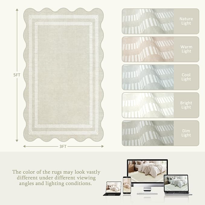 Washable 3x5 Indoor Entryway Rug, Neutral Beige Soft Non Slip Rugs Stain Resistant Scalloped Carpet for Bedroom Kitchen Nursery Home Office